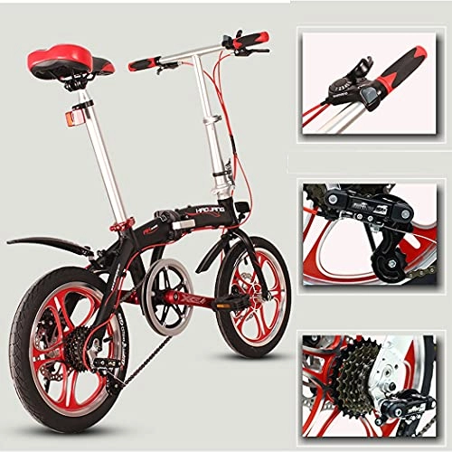Folding Bike : JINDAO foldable bicycle Aluminum alloy folding bicycle 16-inch 6-speed student men's and women's style with racks can carry people Front and rear mechanical disc brakes (Color : Black)