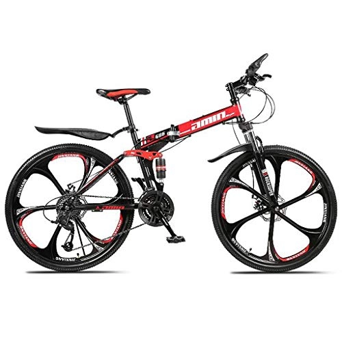 Folding Bike : JLFSDB Mountain Bike, 26 Inch Foldable Bicycles 21 / 24 / 27 Speeds Women / Men MTB Lightweight Carbon Steel Frame Full Suspension (Color : Red, Size : 24speed)