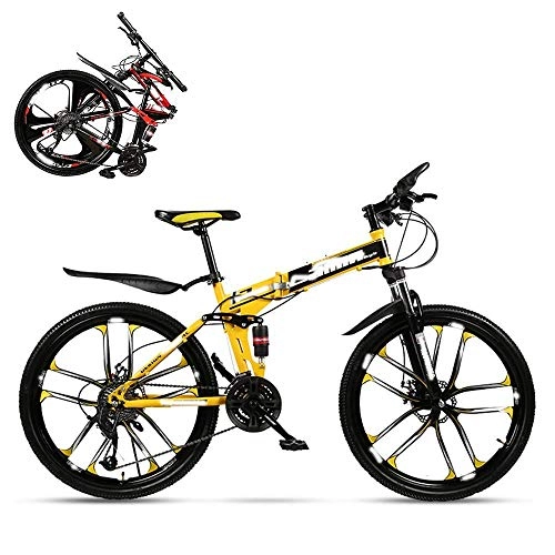 Folding Bike : JYTFZD WENHAO Folding adult bicycle, 26-inch hydraulic shock off-road racing, lockable U-shaped fork, double shock absorption, 21 / 24 / 27 / 30 speed (Color : Yellow)