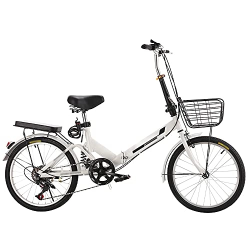 Folding Bike : KANULAN Folding Bike White Bicycle Mountain Bike The Highway, ​Shock ​Absorbing Lightweight And Stylish, Variable Speed Running On, With Back Seat And Basket T