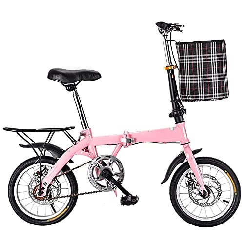 Folding Bike : KANULAN Mountain Bike Pink Bicycle Variable Speed Folding Bike, Adjustable Saddle, Handlebar, Wear-resistant Tires With Basket, Thickened High Carbon Steel Frame T(Size:14 inches)