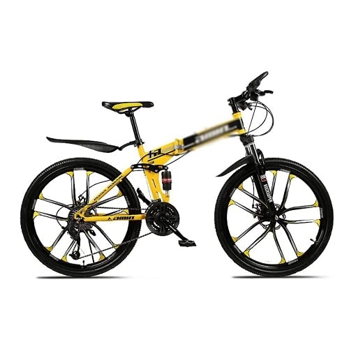 Folding Bike : Kays 26 In Folding Mountain Bike 21 Speed Bicycle For Men Or Women MTB Foldable Carbon Steel Frame Frame With Dual Suspension(Size:27 Speed, Color:Yellow)