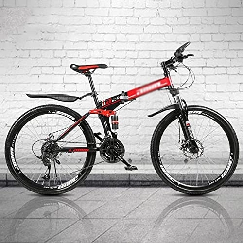 Folding Bike : Kays 26 Inch 21 / 24 / 27 Speed Folding Mountain Bike High Carbon Steel Full Suspension MTB Bicycle For Adult Double Disc Brake Outroad Mountain Bicycle For Men Women(Size:21 Speed, Color:Red)