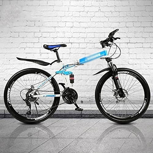 Folding Bike : Kays 26 Inch 21 / 24 / 27 Speed Folding Mountain Bike High Carbon Steel Full Suspension MTB Bicycle For Adult Double Disc Brake Outroad Mountain Bicycle For Men Women(Size:27 Speed, Color:Blue)