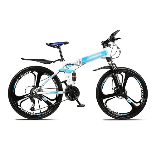 Folding Bike : Kays 26 Inch Full Suspension Folding Mountain Bike, 21 / 24 / 27 Speed High-Tensile Carbon Steel Frame MTB, Dual Disc Brake Mountain Bicycle For Men And Women(Size:27 Speed, Color:Blue)