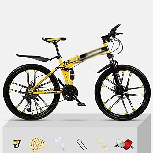 Folding Bike : Kays 26 Inch Wheel Front Suspension Mens Mountain Bike Folding Carbon Steel Frame 21 / 24 / 27 Speeds Double Disc Brake For Boys Girls Men And Wome(Size:21 Speed, Color:Yello)