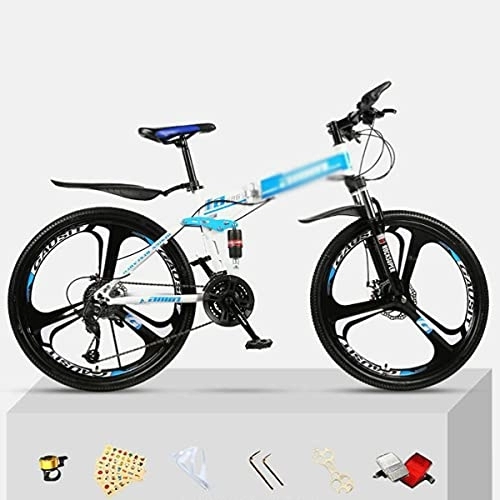 Folding Bike : Kays Folding Mountain Bike 21 / 24 / 27 Speed Bicycle Front Suspension MTB Foldable Carbon Steel Frame 26 In 3 Spoke Wheels For A Path, Trail & Mountains(Size:24 Speed, Color:Blue)