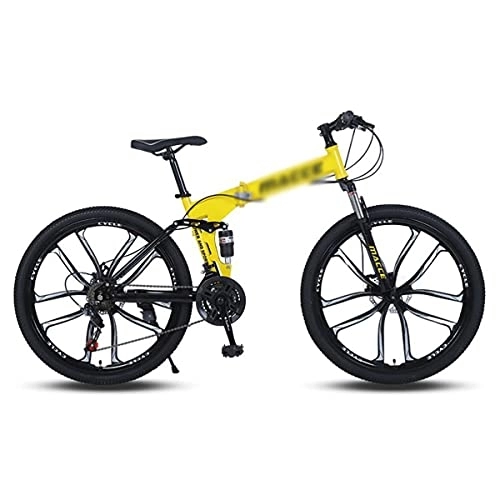 Folding Bike : Kays Mountain Bike 21 / 24 / 27 Speed Bicycle Dual Disc Brake MTB Foldable Frame 26 In Wheels For A Path, Trail & Mountains(Size:27 Speed, Color:Yellow)