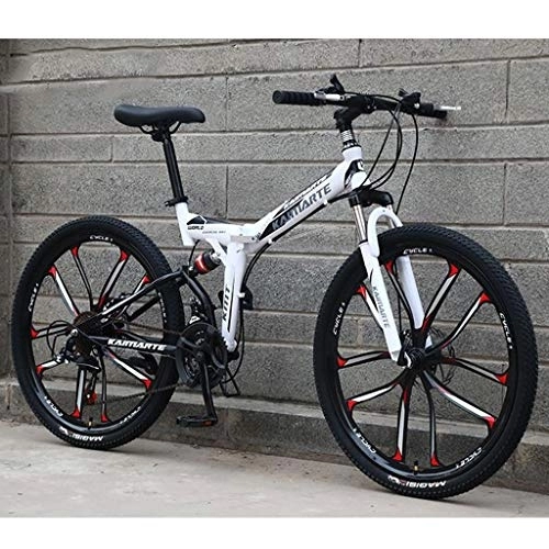 Folding Bike : Kays Mountain Bike, 26 Inch Unisex Foldable Mountain Bicycles Lightweight Carbon Steel Frame 21 / 24 / 27 Speeds Full Suspension (Color : White, Size : 21speed)