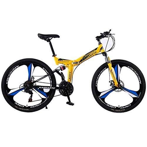 Folding Bike : Kays Mountain Bike, 26 Inch Women / Men MTB Foldable Bicycles Lightweight Carbon Steel Frame 21 / 24 / 27 Speeds Full Suspension (Color : Yellow, Size : 21speed)