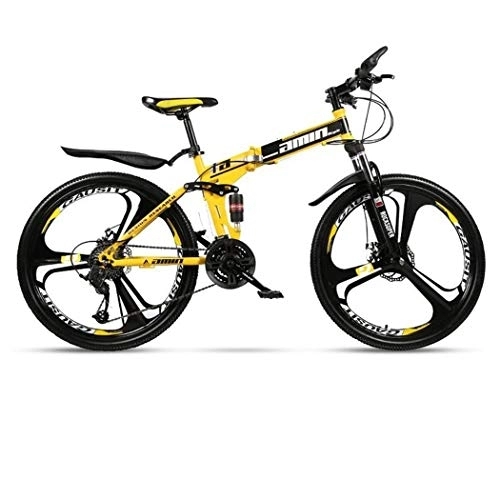 Folding Bike : Kays Mountain Bike, Carbon Steel Frame Foldable Hardtail Bicycles, Dual Suspension And Dual Disc Brake, 26 Inch Wheels (Color : Yellow, Size : 21-speed)