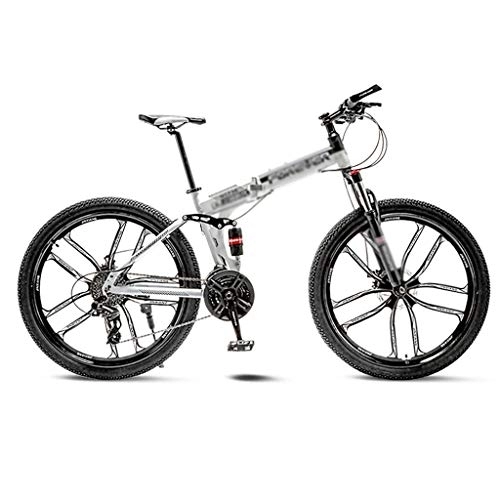 Folding Bike : Kerryshop Folding Bikes White Mountain Bike Bicycle 10 Spoke Wheels Folding 24 / 26 Inch Dual Disc Brakes (21 / 24 / 27 / 30 Speed) foldable bicycle (Color : 30 speed, Size : 24inch)