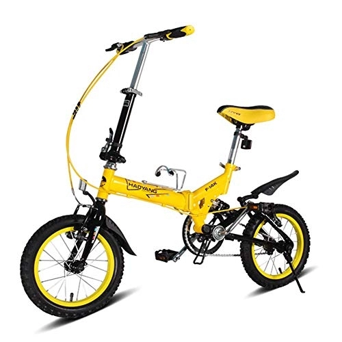 Folding Bike : Kids Folding Bikes, 14 Inch Mini Folding Mountain Bike, High-carbon Steel Lightweight Portable Foldable Bicycle, Suspension Bike, White FDWFN (Color : Yellow)