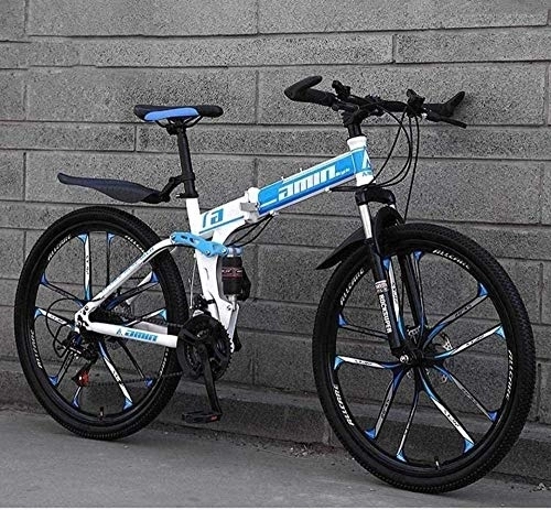 Folding Bike : KRXLL Mountain Bike Folding Bikes 26In 21-Speed Double Disc Brake Full Suspension Anti-Slip Lightweight Frame Suspension Fork-Blue