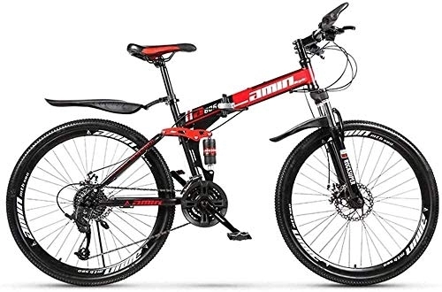 Folding Bike : KRXLL Mountain Bike Folding Bikes 26Inch 27-Speed Double Disc Brake Full Suspension Anti-Slip Lightweight Frame Suspension Fork 6-6-Red