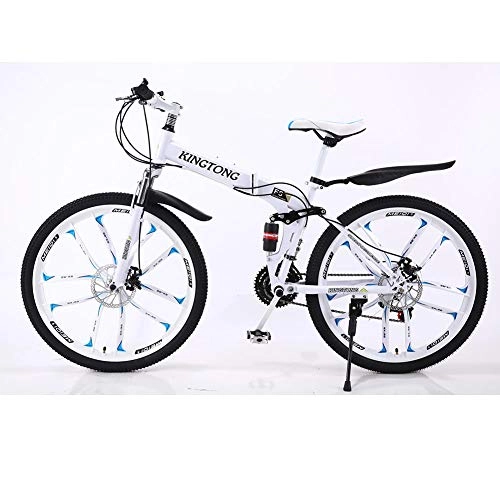 Folding Bike : KT Mall Adult Mountain Bike 26 Inch Wheels High Carbon Steel Folding Mountain Off-Road Bike 27 Speed Full Suspension Gear Double Disc Brake Mountain Bike, White