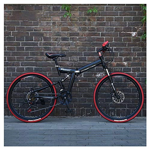 Folding Bike : KXDLR 26 Inch Mountain Bike, High Carbon Steel Folding Frame, Dual Suspensions, 27 Speed, with Double Disc Brake, Unisex, Black