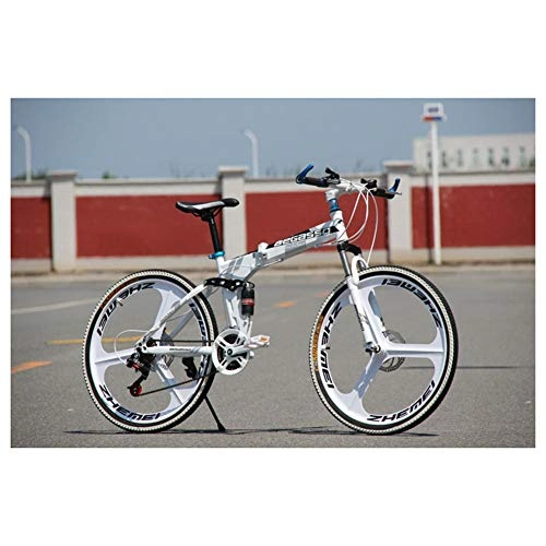 Folding Bike : KXDLR Mountain Bike 26 Inches 3 Spoke Wheels Full Suspension Folding Bike 21-30 Speeds MTB Bicycle with Dual Disc Brakes, White, 30 Speed