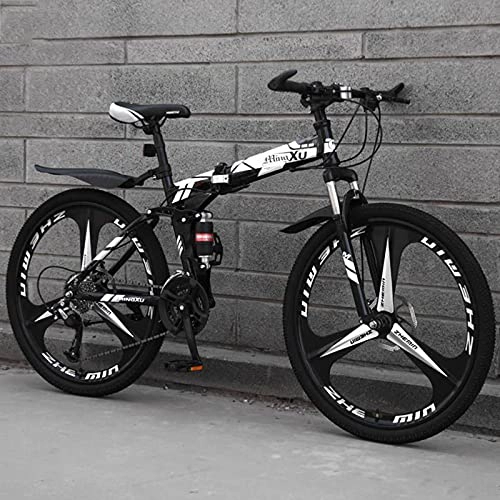 Folding Bike : LHQ-HQ Mountain Folding Three Knife Wheel Bicycle 26 Inch Double Shock Single Wheel Variable Speed Lightweight Bicycle for Male And Female Students-White