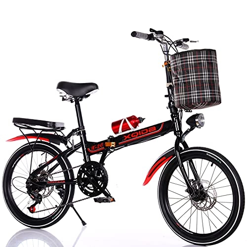 Folding Bike : LICHUXIN 20-Inch Variable Speed Folding Bicycle, 7-Speed Adult And Youth Urban Commuter Bicycle Front And Rear Dual Disc Brakes, with Lights And Basket, Light And Easy To Fold, 01