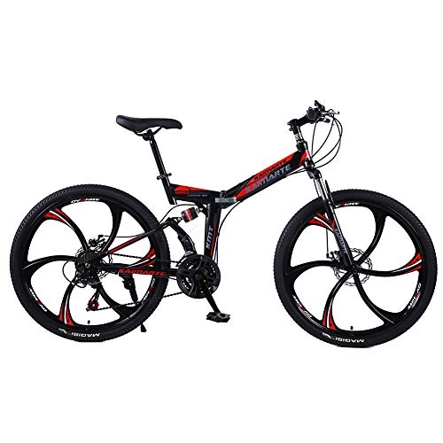 Folding Bike : LIU Mountain Bike 24 / 26 Inches 6 Spoke Wheels Dual Suspension Folding Bike 21 / 24 / 27 Speed MTB, Adults, Men and Women Universal, BlackRed, 24inch27speed