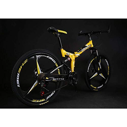Folding Bike : Llpeng 26-Inch Folding Bike, Variable-Speed Mountain Bike, Double Shock Absorption, Disc Brake, Soft Tail One-Wheel Bicycle (Color : Yellow, Size : 21)