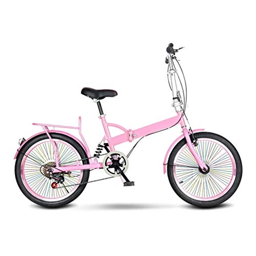 Folding Bike : LXJ 20-inch Color Spoke Wheel Folding Bicycle Adult And Young Women’s Lightweight City Bike, Shock Absorber, V-brake, 6-speed