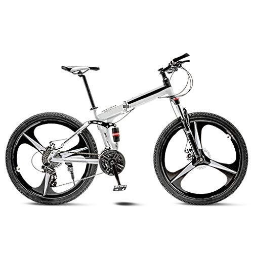 Folding Bike : LXJ Folding Mountain Bike 24-speed Road Bike, Disc Brake, Double Shock Absorber, High Carbon Steel Frame (color: White, Size: 26 Inch Wheels)