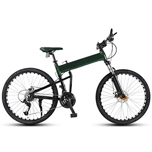 Folding Bike : LXJ Folding Mountain Bike Aviation Aluminum Frame, 27-speed, Dual Disc Brakes, Shock Absorption (color: Dark Green, Size: 26-inch Wheels)