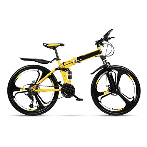 Folding Bike : LXJ Folding Mountain Bike High-carbon Steel Frame, 24 Speed, Dual Disc Brakes, Dual Shock Absorption (color: Yellow, Size: 26-inch 3 Cutter Wheels)