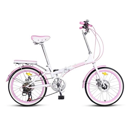 Folding Bike : LXJ Lightweight High-carbon Steel Folding City Bike, 20-inch Adult Student Female 7-speed Mechanical Disc Brake (pink)