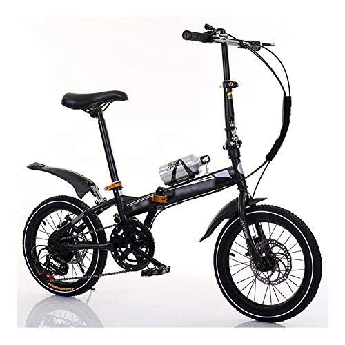 Folding Bike : LYRONG 6 Speed Folding Bike, Low Step-Through Steel Frame Foldable Compact Bicycle with Rack Fenders Urban Riding and Commuting, 16 Inch-Black