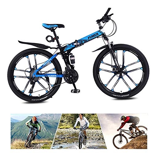 Folding Bike : LYRWISHPB 24 Speed Bicycle Full Suspension Mtb Bikes, Folding Mountain Bike, High Carbon Steel City Bicycle Dual Disc-brake For Men Women24 / 26 Inch Wheels (Color : Black blue, Size : 24inch)