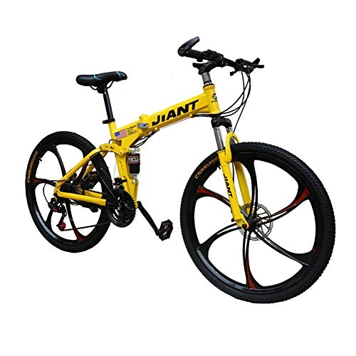 Folding Bike : LYRWISHPB 6-Knife Wheel-Bicycle Mountain-Bike Folding Brakes 21 / 24-Speed Double-Disc Mountain Bike Folding Adult Black, Green, Red, Yellow (Color : Yellow, Size : 21 speed)