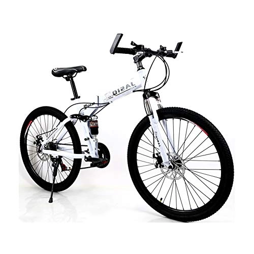 Folding Bike : LYRWISHPB Adult Mountain Bike, 21-24 Speeds, 26-Inch Wheels, Carbon Mountain Trail Bike High Carbon Steel Full Suspension Frame Folding Bicycles Multiple Colors (Color : White, Size : 24 speed)