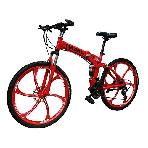 Folding Bike : LYRWISHPB Bicycle Mountain-Bike Cross-Country Folding Racing One-Wheel Variable-Speed Double-Shock-Absorption Double Disc-Brakes Front 21 / 24-Speed (Color : Red, Size : 21 speed)