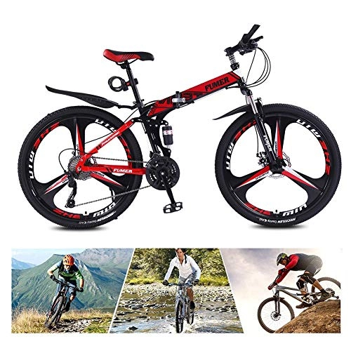 Folding Bike : LYRWISHPB Mountain Bike For Men Women, 24 / 26 Inch Folding Lightweight Aluminum Full Suspension Frame Bicycle, 24-Speed, Three Wheel Cruiser Dual Disc Brake (Color : Red, Size : 24inch)