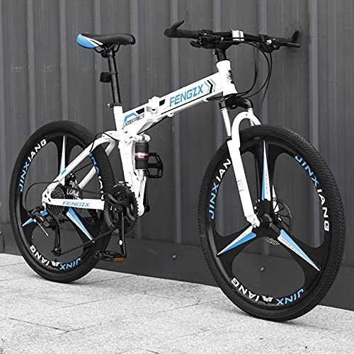 Folding Bike : LZHi1 26 Inch Foldable Full Suspension Adult Mountain Bike, 30 Speed Men Mountan Bicycle With Dual Disc Brake, Outdoor Urban Commuter City Bicycle With Adjustable Seat(Color:White blue)