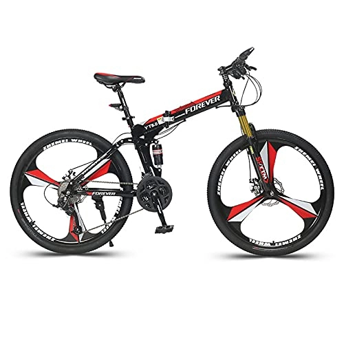 Folding Bike : LZHi1 26 Inch Folding Mountain Bike With Full Suspension, 27 Speed Mountain Bicycles With Double Disc Brake, Carbon Steel Frame Outroad Mountain Bicycle For Men Women(Color:Black red)