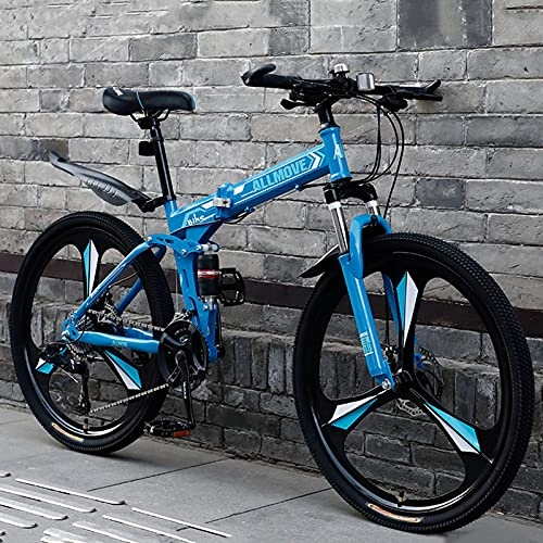 Folding Bike : LZHi1 26 Inch Full Suspension Mountain Bike For Women And Men, 27 Speed Folding Outroad Mountain Bicycle With Dual Disc Brakes, High Carbon Steel Frame City Commuter Bike With Adjustable Se(Color:Blue)