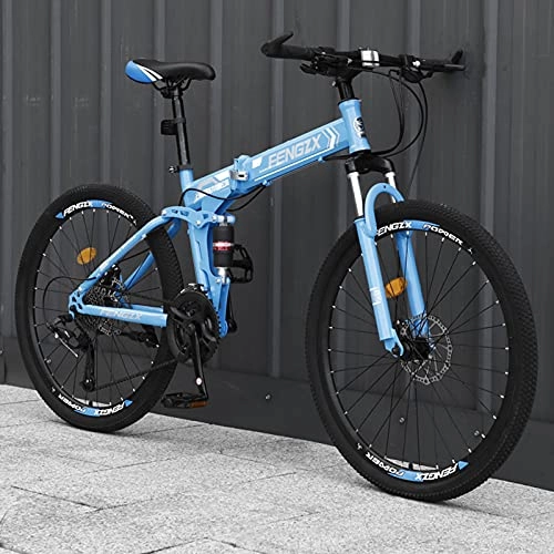 Folding Bike : LZHi1 26 Inch Mountain Bike Folding Adult Bike, 30 Speed High Carbon Steel Suspension Fork Mountain Trail Bicycle, Urban Commuter City Bicycle With Dual Disc Brakes(Color:Blue)
