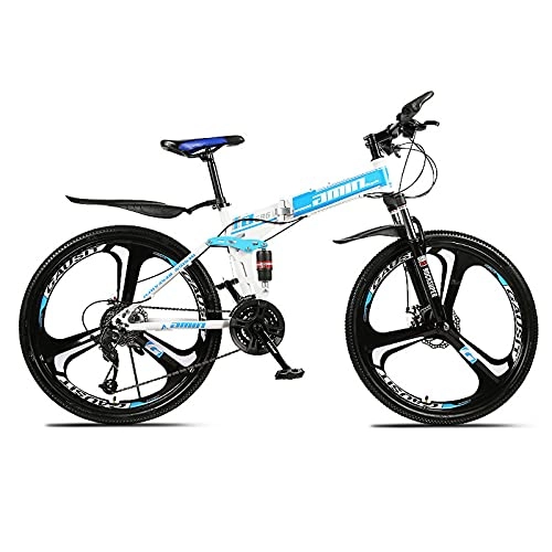 Folding Bike : LZHi1 Foldable Mountain Bike 26 Inch For Men And Women, 27 Speed Dual-Suspension Adult Mountain Trail Bikes, Carbon Steel Frame Dual Disc Brake Road Bikes(Color:White blue)