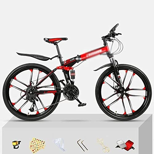 Folding Bike : LZZB 26" All-Terrain Mountain Bike Folding Carbon Steel Frame 21 / 24 / 27-Speed Double Disc Brake Bicycle Hydraulic Shock Absorption Bike for Adult or Teens(Size:24 Speed, Color:White) / Red / 21 Speed