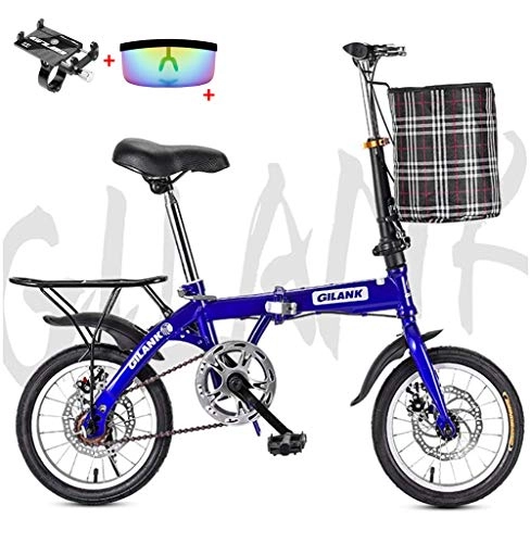 Folding Bike : Mini Folding Bike, 14inch / 16inch / 20inch Lightweight Double Disc Brake Adult Bicycle Carbon Steel Sock Absorption Mountain Bike for Men Women, Blue, 16inch