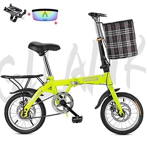 Folding Bike : Mini Folding Bike, 14inch / 16inch / 20inch Lightweight Double Disc Brake Adult Bicycle Carbon Steel Sock Absorption Mountain Bike for Men Women, Green, 16inch