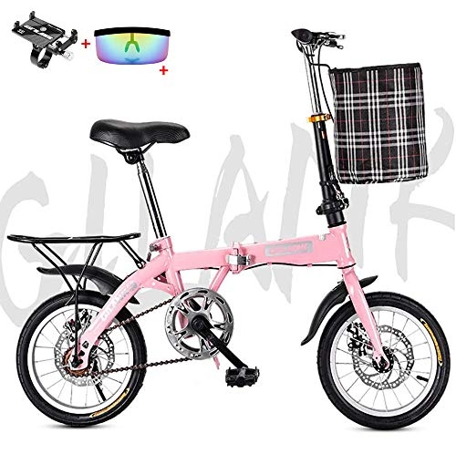 Folding Bike : Mini Folding Bike, 14inch / 16inch / 20inch Lightweight Double Disc Brake Adult Bicycle Carbon Steel Sock Absorption Mountain Bike for Men Women, Pink, 14inch