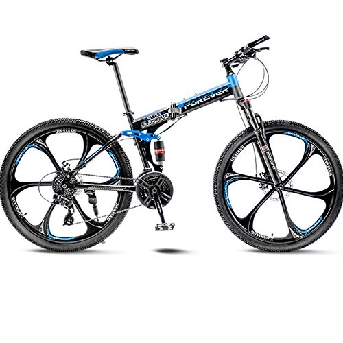 Folding Bike : Mountain Bike 24 / 26 Inch - 27 Speed Folding Outroad Bicycles, Full Suspension MTB, High-Carbon Steel Road Bike Adult Men And Women, Black Blue, 24 Inch