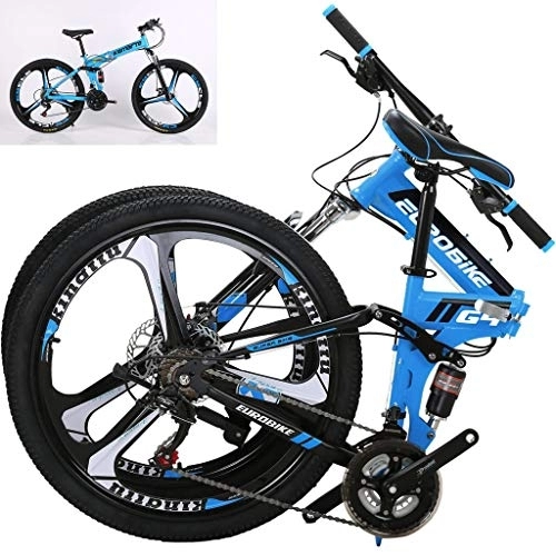 Folding Bike : Mountain Bike 24 Speed Steel Frame 26 Inches Wheels Dual Suspension Folding Bike, Blue