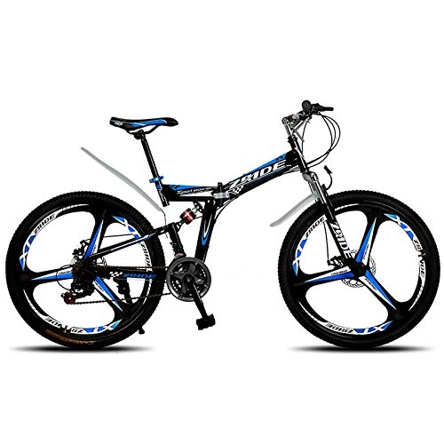 Folding Bike : Mountain Bike 26 Inch 21 / 24 / 27 / 30 Speed 3 Knife Folding Double Disc Brake Bicycle 2019 New Suitable for Adults-Black Blue_30 Speed