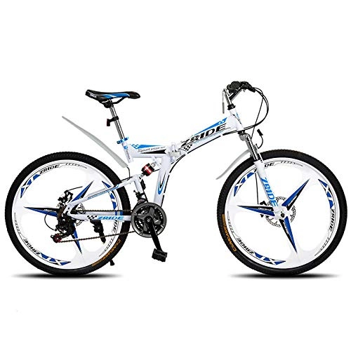 Folding Bike : Mountain Bike 26 Inch 21 / 24 / 27 / 30 Speed 3 Knife Folding Double Disc Brake Bicycle 2019 New Suitable for Adults-White Blue_30 Speed